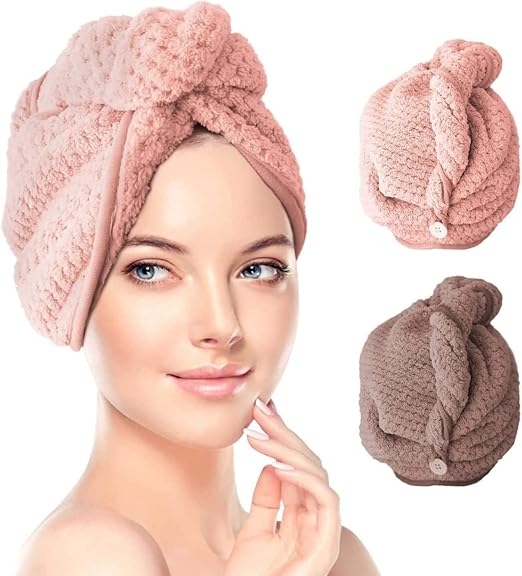 2 Pack Microfiber Hair Towel Wrap for Women, Anti Frizz Quick Drying Hair Turban for All Hair Style, Absorbent and Lightweight